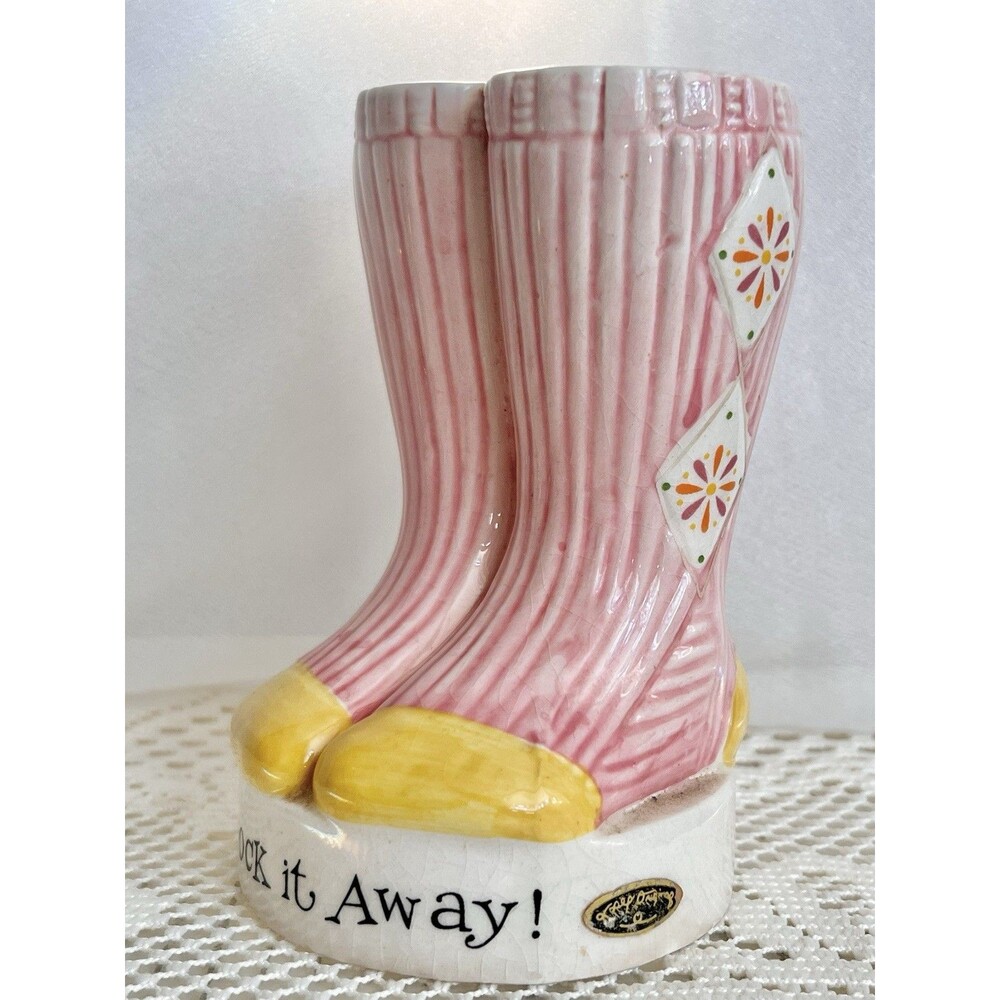 1950s Josef Originals Sock It Away Ceramic Coin Bank Pink Vintage Girls Room
